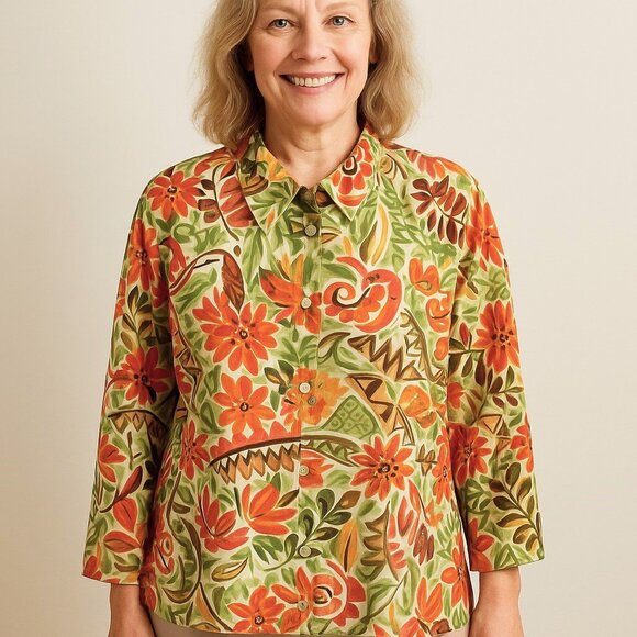 Alfred Dunner Orange Green Floral Print Button Up Semi Sheer Top Womens Size 14 - Picture 1 of 12